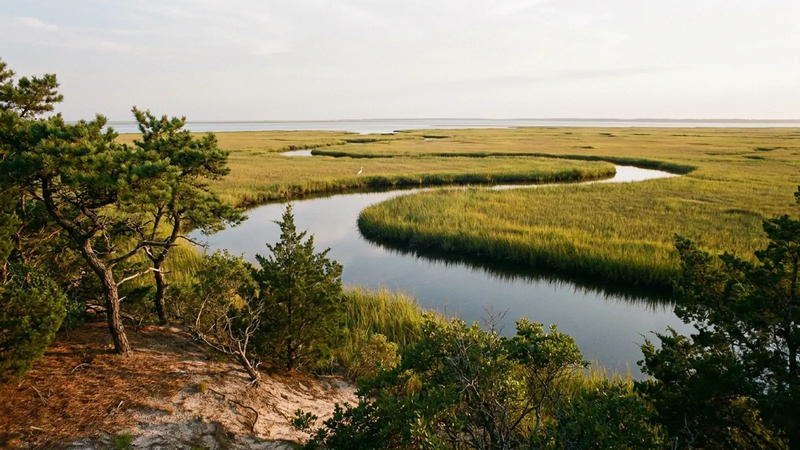 A flat salt marsh of spartina grass cut by a winding tidal creek, seen from a sandy upland edge of pitch pine and cedar.