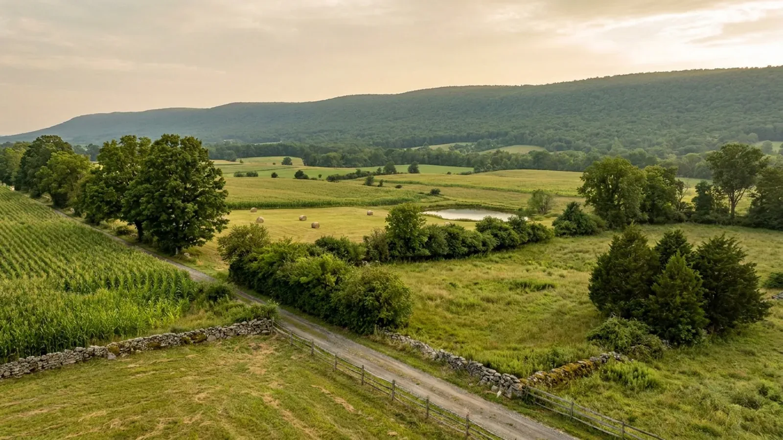 Rolling hay fields and pasture divided by hedgerows and stone walls in a wide valley, with a long, low forested ridge along the horizon.